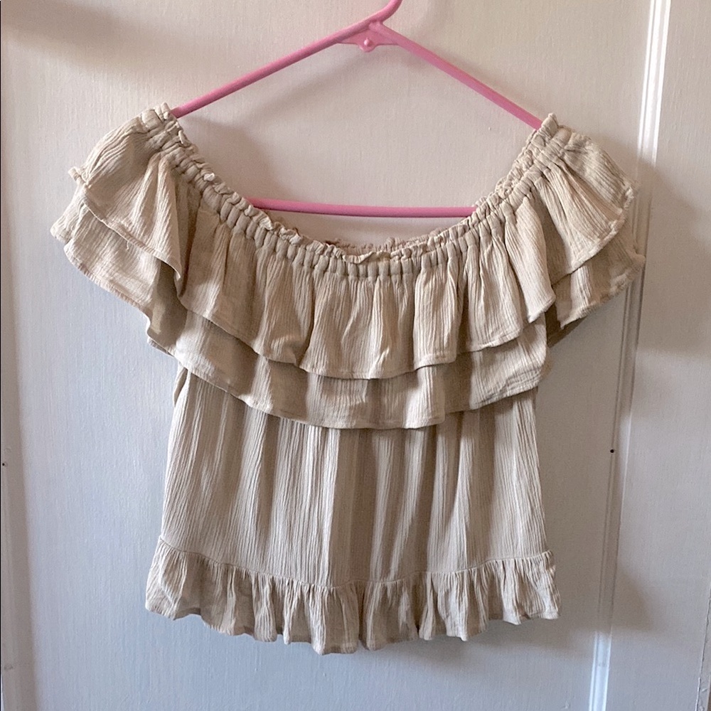 Express - Beige Ruffled Smocked Off The Shoulder Top